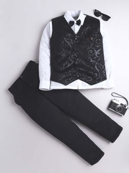 FOURFOLDS - Black Flower Waistcoat Shirt With Bowtie And Trouser (Set of 4)