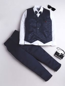 FOURFOLDS - Navy Blue Flower Waistcoat Shirt With Bowtie And Trouser (Set of 4)