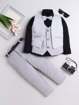 FOURFOLDS - Grey Printed Waistcoat Shirt With Bowtie And Trouser (Set of 4)