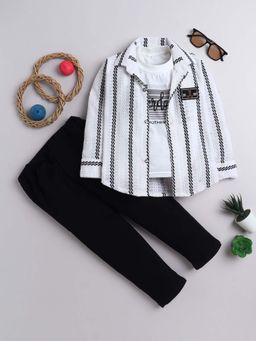 FOURFOLDS - Black Stripes Shirt With Printed T-Shirt & Pants (Set of 3)