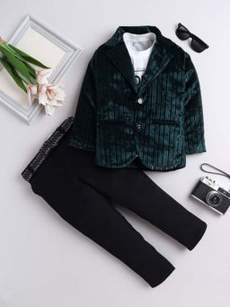 FOURFOLDS - Teal Velvet Blazer With T-Shirt And Trouser (Set of 3)