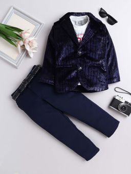FOURFOLDS - Navy Blue Velvet Blazer With T-Shirt And Trouser (Set of 3)