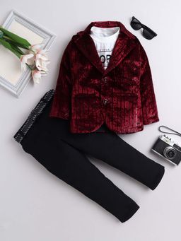 FOURFOLDS - Red Velvet Blazer With T-Shirt And Trouser (Set of 3)