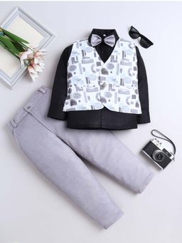 FOURFOLDS - Grey Abstract Printed Waistcoat Shirt With Bowtie And Trouser (Set of 4)