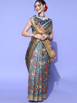 Akhilam - Womens Khadi Silk Navy Blue Printed Designer Saree with Unstitched Blouse