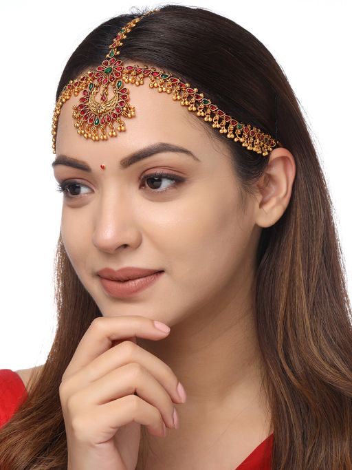 Yellow Chimes Gold-Toned Green Kundan Layered Temple Bridal Traditional Matha Patti