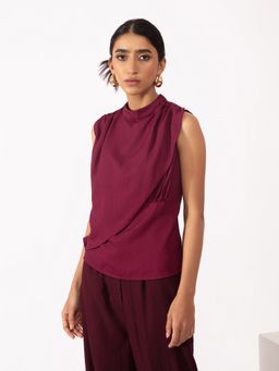 Twenty Dresses by Nykaa Fashion - Work Wine Solid High Neck Wrap Top
