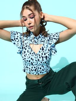 KASSUALLY - Blue Animal Printed Cut Out Top