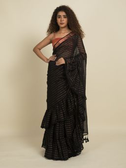 Suta - Black Zari Stripes Ruffle Saree