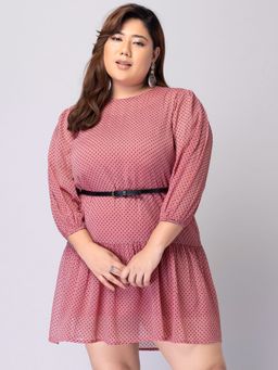 FabAlley - Curve Pink Polka Dot Ruffled Dress with Belt (Set of 2)
