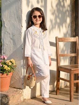 Bella Moda - White Embroidered Full Sleeves Mandarin Neck Co-Ord Set