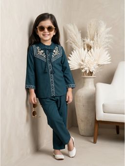 Bella Moda - Navy Blue Embroidered Full Sleeves Mandarin Neck Co-Ord Set