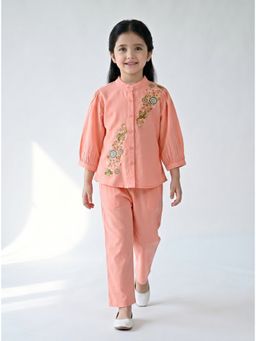 Bella Moda - Peach Embroidered Three Fourth Sleeves Mandarin Neck Co-Ord Set