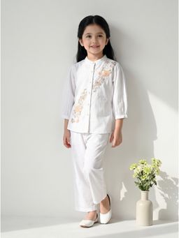 Bella Moda - White Embroidered Three Fourth Sleeves Mandarin Neck Co-Ord Set