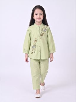 Bella Moda - Green Embroidered Three Fourth Sleeves Mandarin Neck Co-Ord Set