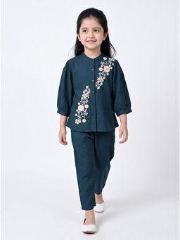 Bella Moda - Navy Blue Embroidered Three Fourth Sleeves Mandarin Neck Co-Ord Set