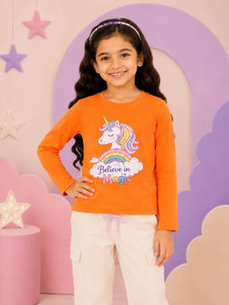 Nusyl - Girl Orange Unicorn Printed Full Sleeves T-Shirt