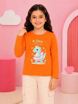 Nusyl - Girl Orange Cute Dino Printed Full Sleeves T-Shirt