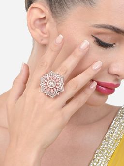 Zaveri Pearls - Pink Dazzling Cubic Zirconia Party Bling Statement Brass Ring-ZPFK15439