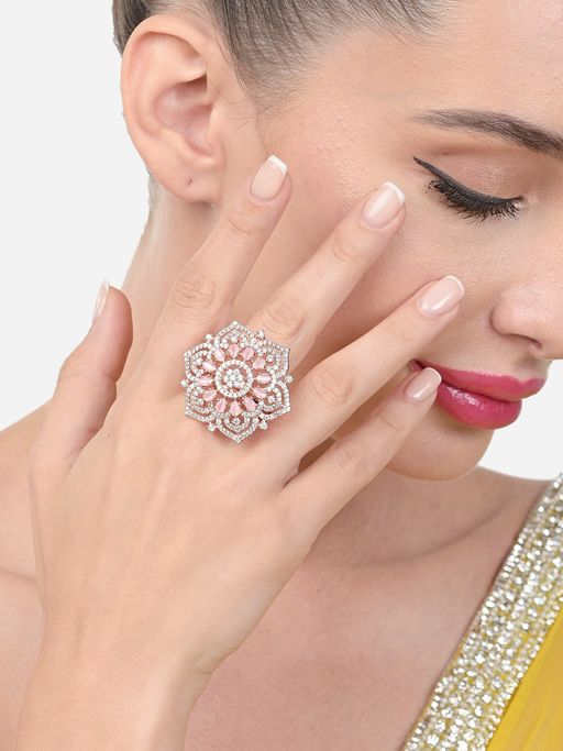 Zaveri Pearls Pink Dazzling Cubic Zirconia Party Bling Statement Brass Ring-ZPFK15439