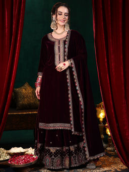 Libas - Burgundy Velvet Embroidered Kurta Sets for Women