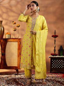 Libas - Yellow Silk Blend Woven Design Kurta Sets for Women