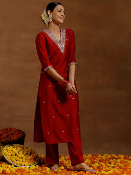 Gerua By Libas - Red Silk Blend Embroidered Kurta Sets for Women