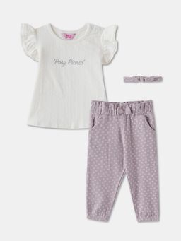 R&B - Floral Print Ruffled Sleeve Cotton Top with Trousers and Headband for Girls