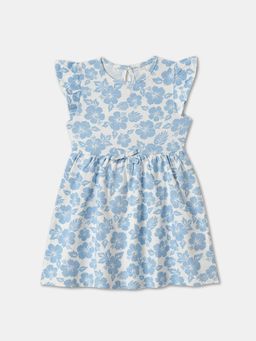 R&B - Floral Print Ruffled Sleeve Round Neck A-Line Blue Dress
