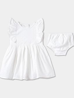 R&B - Embroidered Ruffled Sleeve Round Neck Knee Length White Dress