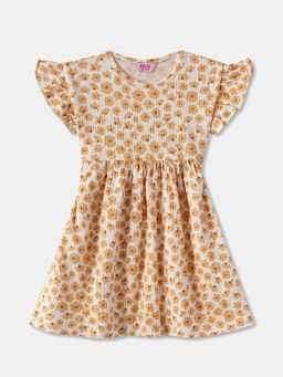 R&B - Floral Print Ruffled Sleeve Round Neck A-Line Orange Dress