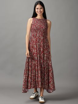 SHOWOFF - Womens Round Neck Maxi Maroon Printed Dress