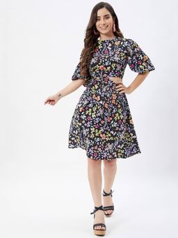 Kibo - Women Black Crepe Printed Knee length Dress