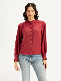 Levi's - Women Solid Maroon Mandarin Collar Top