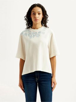 Levi's - Women Off White Embroidered Relaxed Fit T-Shirt