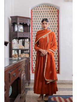 Zebein - Revati Anarkali Kurta with Pant and Dupatta - Rust