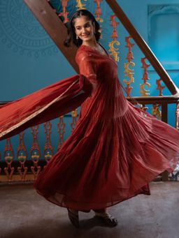 Zebein - Leheriya Angrakha Kurta with Pant and Dupatta - Red