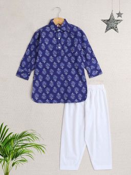 The Magic Wand - Boys Blue Cotton Printed Kurta with Pyjama (Set of 2)