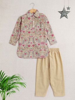 The Magic Wand - Boys Beige Cotton Printed Kurta with Pyjama (Set of 2)