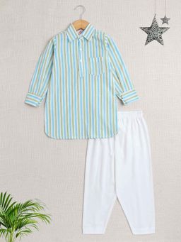 The Magic Wand - Boys Green Cotton Stripes Kurta with Pyjama (Set of 2)