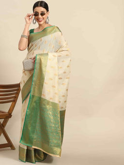 Silk Land - Women Tusser Silk Banarasi Saree with Unstitched Blouse - Green