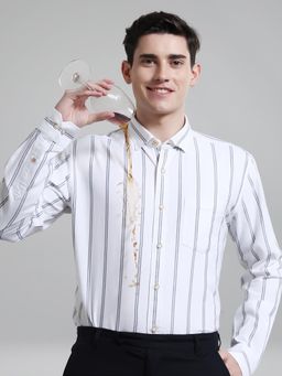 TURMS - Men Stripes Cotton White Shirt Stain and Water Repellent Anti Odor