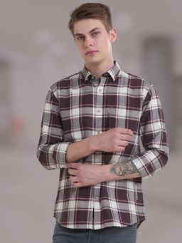 TURMS - Men Checks Cotton Brown Casual Shirt Stain and Water Repellent Anti Odor