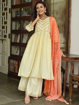 Lavanya The Label - Cream Leheriya Anarkali (Set of 3)