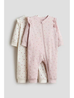 H&M - Girls Beige 2-Pack Cotton Zip-Through Sleepsuits