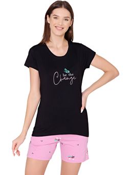 Bodycare - Womens Modal Printed Night Suit Of T-Shirt & Shorts -BSSS17503 Black (Set of 2)