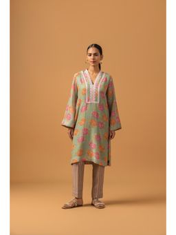 Naseebo - Sage Green Rose Linen Premium Kurta with Pant