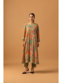 Naseebo - Marigold Maze Linen Premium Kurta with Pant - Multi-Color