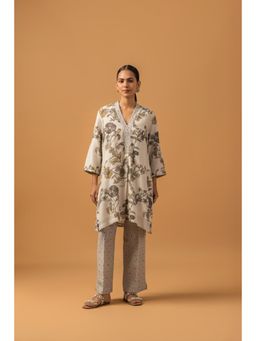 Naseebo - Lunar Flora Linen Premium Kurta with Pant - Off White