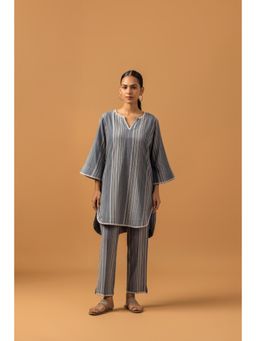 Naseebo - Graphite Stripe Linen Premium Kurta with Pant - Grey